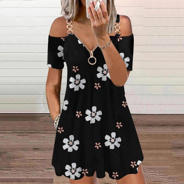 

women's swimwear women summer dress zipper v-neck short sleeve chian strap backless dresses party mini a-line sundress vestidos robe, White;black
