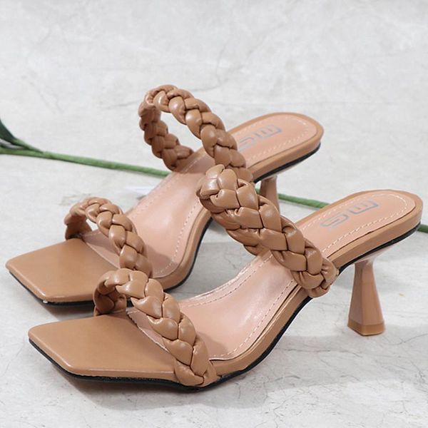 

slippers 2021 brand design women elegant square toe thin high heels .5cm summer outdoor beach slides shoes, Black