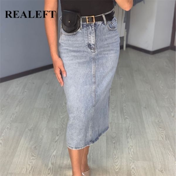 

realeft summer long denim skirt women vintage high wasit jeans with belt straight a-line pencil female 210629, Black
