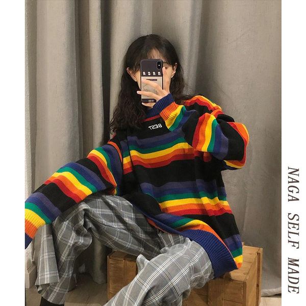 

women's sweaters autumn and winter rainbow stripe pullover lazy loose sweater female student round neck korean versatile bottomed, White;black