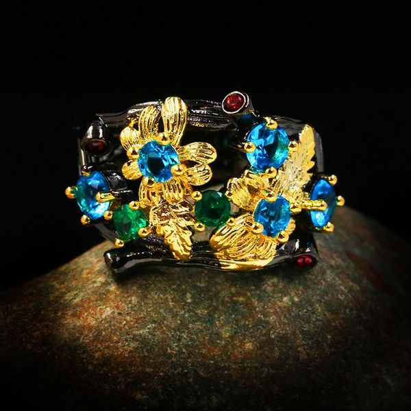 

wedding rings vintage female rainbow crystal big ring classic 14kt black gold luxury bridal flower engagement for women, Slivery;golden