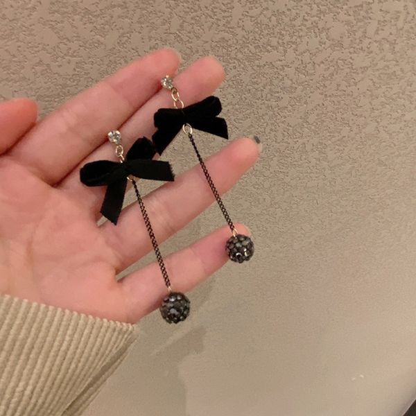 

korean retro black velvet bow 925 sterling silver stud long tassel earring bowknot present for girls lady 2021 ins temperament simple person, Golden;silver