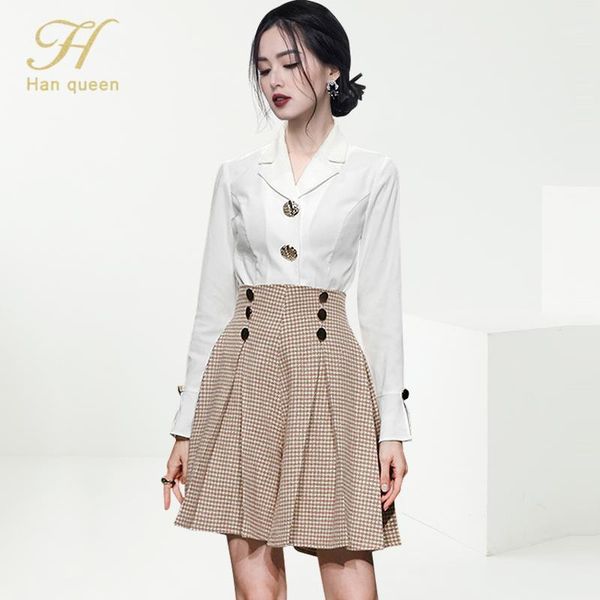

two piece dress h han queen women 2021 autumn work 2 pieces set corduroy blouses & houndstooth wool culottes skirt korean simple suit, White