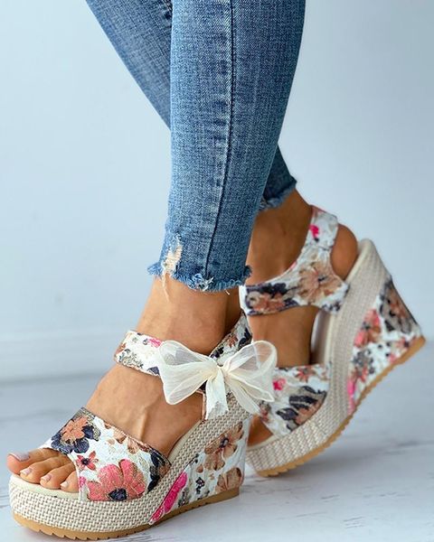 

sandals 2021 casual wedges high heels floral super heel flower bowtie summer polka dot plastform sweet elegant woman shoes, Black