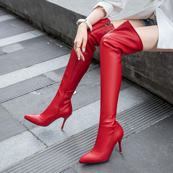 

boots 2021 women stiletto leather over-the-knee long autumn winter warm plush shoes pointed toe high heel pure color, Black
