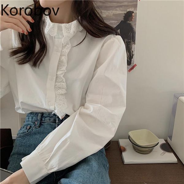 

korobov korean vintage lace patchwork white shirts office lady elegant blusas mujer arrival long sleeve women blouses women's &