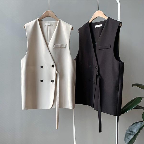 

women's vests office lady fashion suit vest women casual loose v neck sleeveless jacket double breasted autumn vintage solid color coat, Black;white
