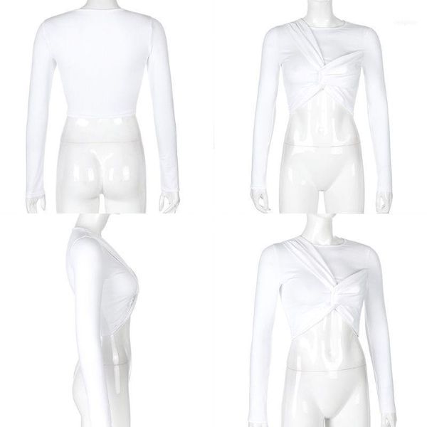 

women autumn long sleeve white t-shirt o-neck ruched basic pullover crop bodycon fit irregular twist knotted front stre1