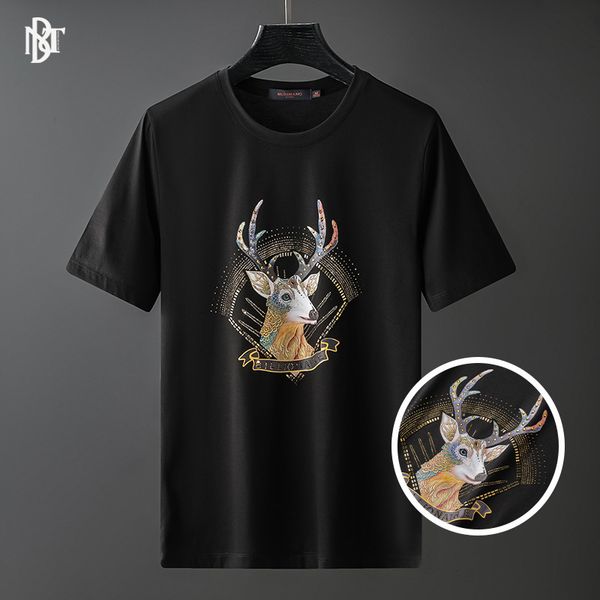 

t shirt summer fashion brand short sleeve light luxury personality deer head diamond printing high end leisure men, White;black