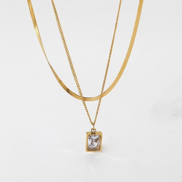 

pendant necklaces minimalist 2 layered stainless steel crystal green square zircon stone necklace snake chain gold cz, Silver