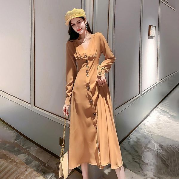 

casual dresses spring and autumn chic slim dress single-breasted v-neck french fashion office women's robe elegant vestido, Black;gray