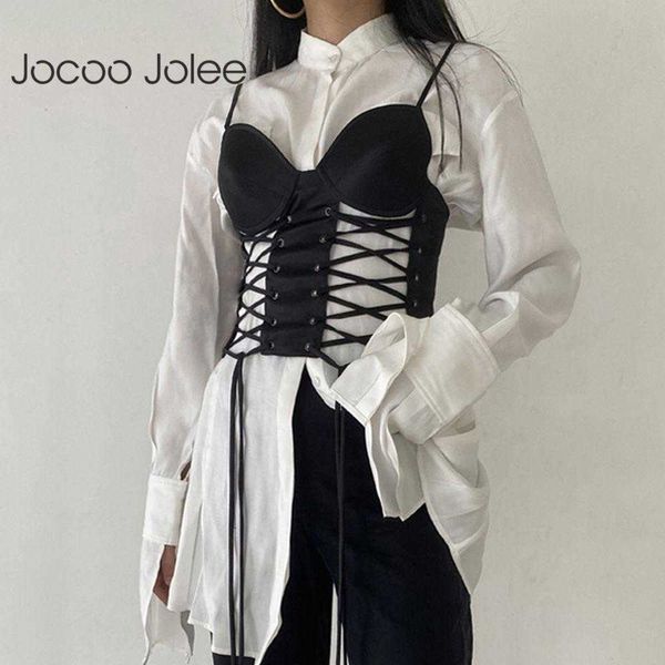 

jocoo jolee women summer y2k hollow out skinny bandage lace up v-neck tank solid high streetwear party club vest 210619, White