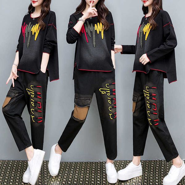 

black denim 2 piece sets plus size women cowboy 2019 spring outfits print and long pant suits embroidery loose clothes p0810, Gray