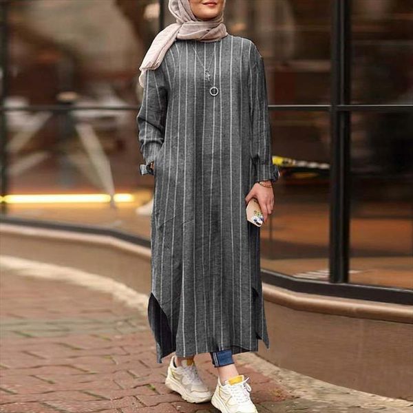 

plus size fashion leopard womens dress printed autumn sundress zanzea casual long sleeve muslim vestidos female split robe, Black;gray