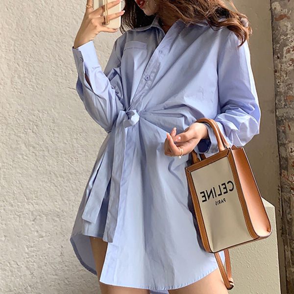 

tee spring sleeve up fold lady tied bow female shirt chic blue kleider dame, White