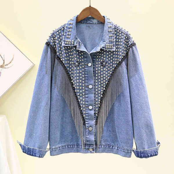 

jacket 2021 spring autumn fashion beading chain tassel denim coat women loose handwork short jeans jacket female black outerwear, Black;brown