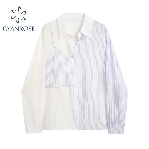 

women's blouses & shirts woman 2021 autumn stripe blouse korean designer fashion clothing womens and ladies long sleeve casual shir, White