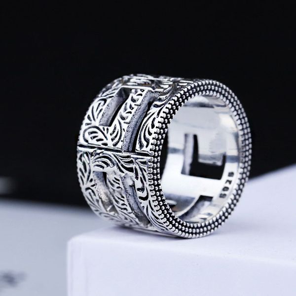 

925 sterling silver letter ring men and women retro classic hollow carved square pattern ring thai silver letter ring