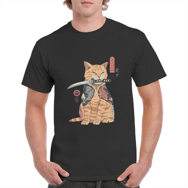 

men's t-shirts men's catana cool summer loose t-shirt casual short sleeve cat print anime t japanese top, White;black