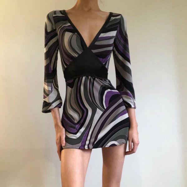 

casual dresses black v neck high waist long sleeve dress elegant slim wrap mini women patchwork wave female vestidos 2021, Black;gray