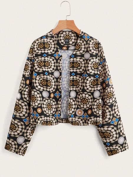 

emery rose allover print open front jacket m26z#, Black;brown