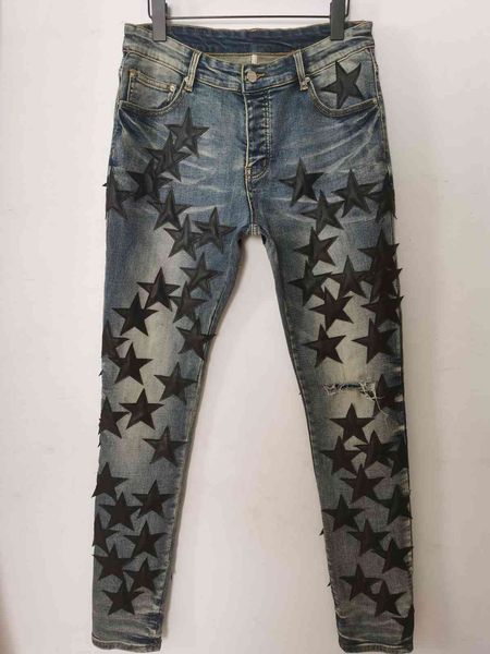 

brand pants and jeans shorts mens jeans pants long skinny leather five-pointed star destroy the quilt ripped hole fashio, Blue
