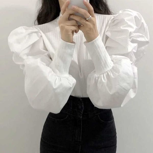 

fashion long puff sleeve blouse women elegant office lady regular patchwork slim streetwear 210601, White