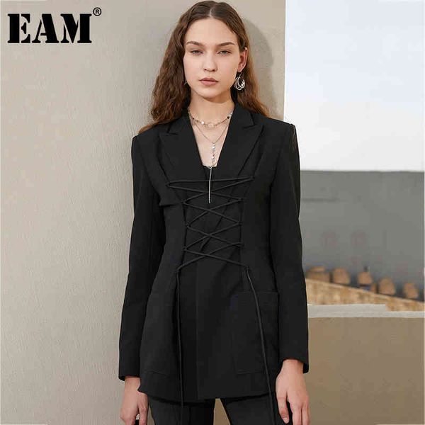 

[eam] women black strap pocket slim elegant blazer lapel long sleeve loose fit jacket fashion spring autumn 1dd8077 21512, White