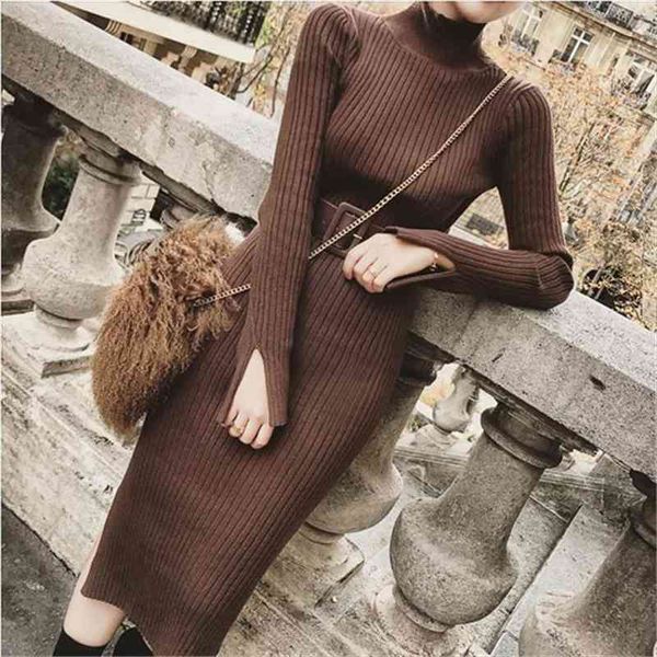 

bodycon sweater winter knitted women dress sweaters long korean split pleated belt ol vestido, Black;gray