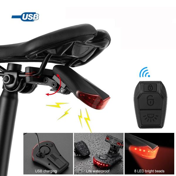 

bike lights smart bicycle rear lamp wireless remote control alarm taillight led cycling light with built-in lithium battery