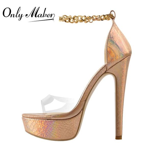 

sandals onlymaker 2021 platform summer thin high heel women ankle metal chain patent leather crocodile print pvc shoes, Black