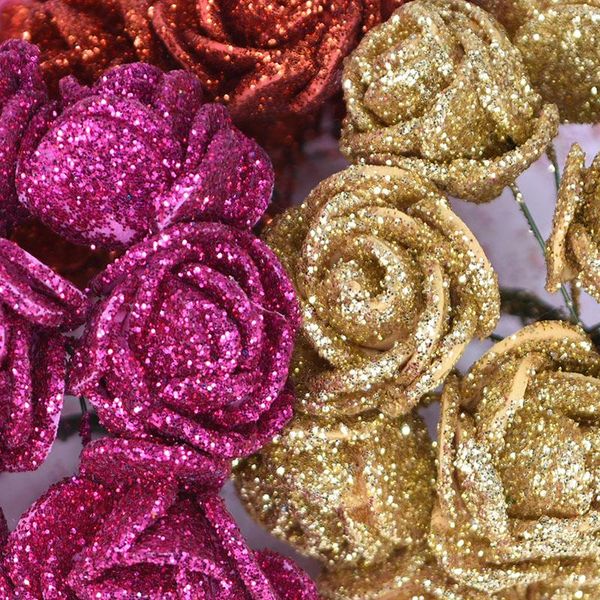 

decorative flowers & wreaths 10-36pcs glitter rose red pink gold artificial foam flower bouquet bride party wedding decoration fake