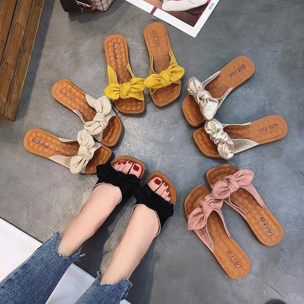 

slippers women bowknot leisure flat female wild lazy summer comfortable to wear soft bottom sandals beach, Black