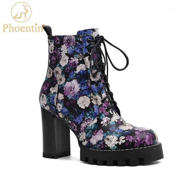 

boots phoentin flower print women's shoes platform thick heel ankle arrival 2021 autumn winter cross tied zip ft1100, Black