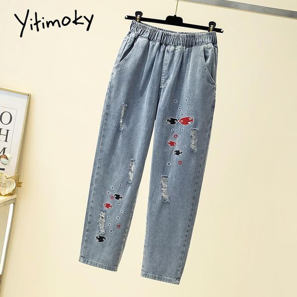 

women's jeans yitimoky harem pants 2021 4xl plus size elastic waist street style mom vintage fashion female denim woman, Blue