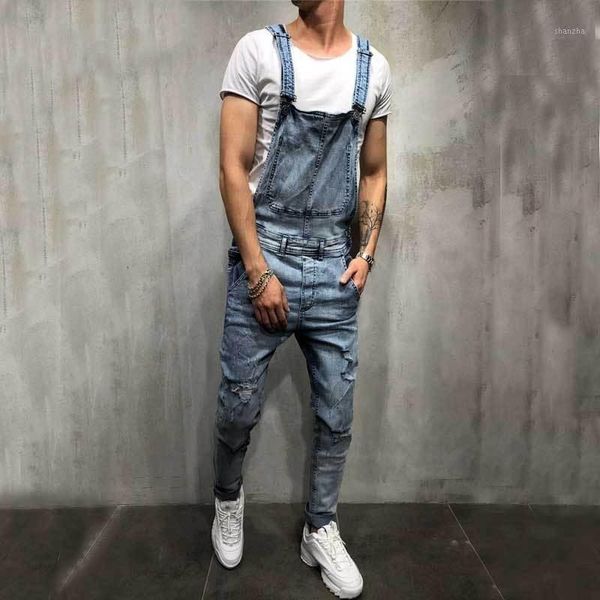 Jeans masculinos moda cowboy mens macacão calças buracos rasgado denim macacão fina lápis plus tamanho homem macacão calças