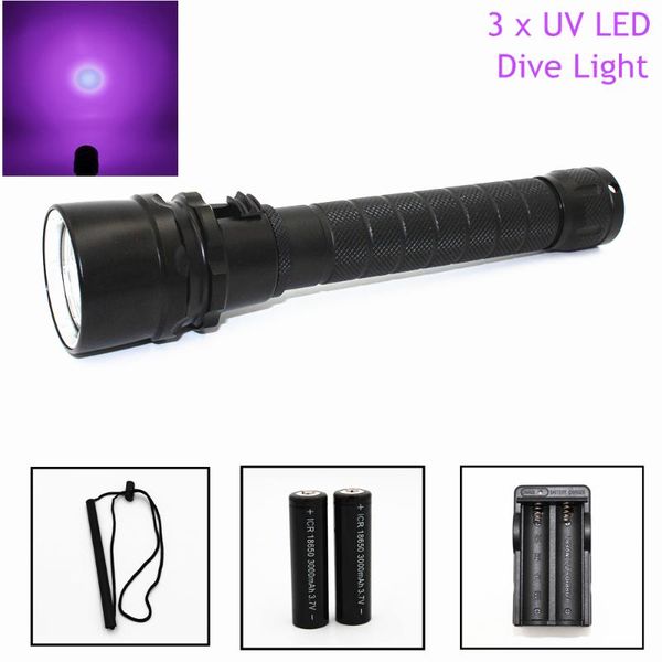 

395nm scuba diving uv dive light 3* ultraviolet led waterproof lamp power by 18650 batteries flashlights torches