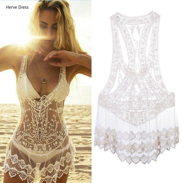 

women's swimwear ladies white sleeveless lace v neck transparent bikini cover ups see through bathing suit beach dress, White;black