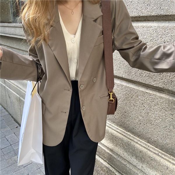 

solid color loose double-row buckle suit jacket women blazer suits check long sleeve cotton casual vintage coat 70h women's & blazers, White;black