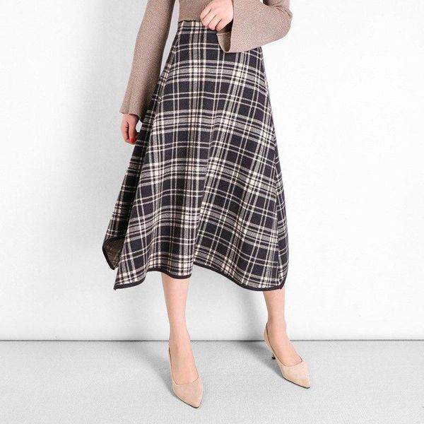 

skirts women's elegant knitted plaid skirt with irregular big hems female waist a-line midi 2021 spring sk701, Black