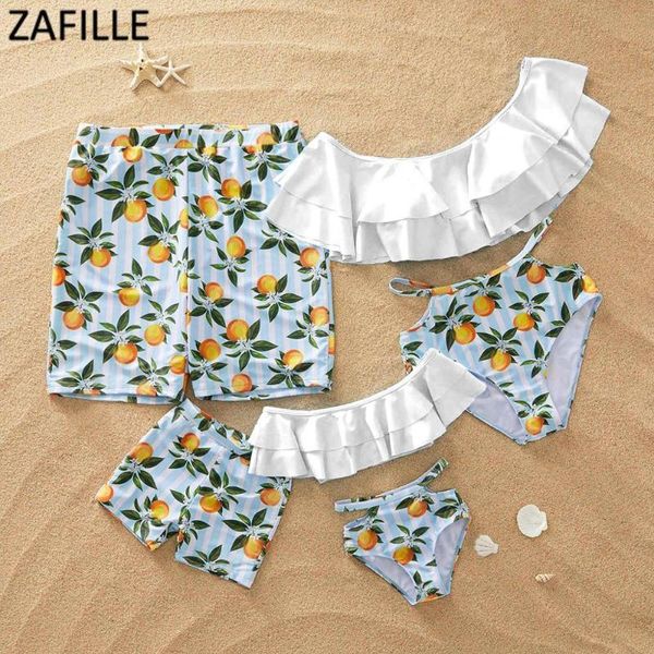 Costumi da bagno da donna ZAFILLE Summer Orange Print Family Matching Suit Vita alta Bikini Ruffle Beachwear Uomo Ragazzi Pantaloncini da spiaggia Donna Ragazze Biq