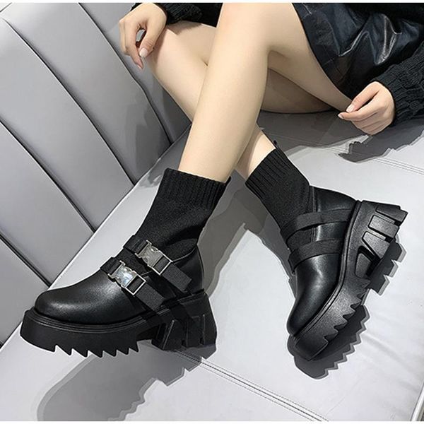 

boots women sock ankle boot female thick bottom platform round toe shoes metal buckle high heels for warm velvet footwears, Black