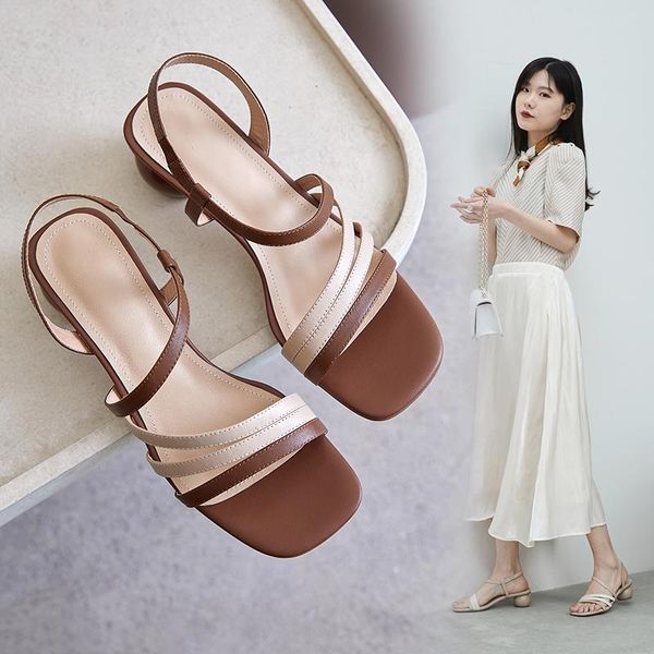 

slip-on party office lady basic shoes mixed colors genuine leather rome women sandals brand rouned med toe heels, Black