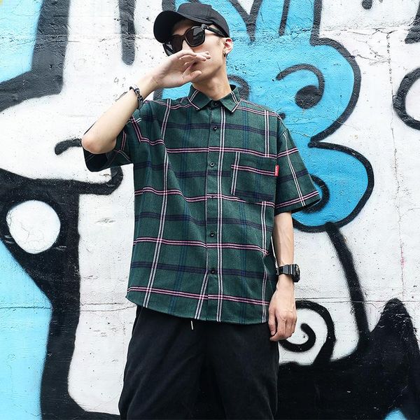 

men's casual shirts spring and autumn hong kong style ins plaid shirt short sleeve korean trendy handsome jacket loose couple, White;black