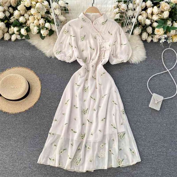 

retro temperament improved cheongsam vestidos female stand-up collar puff sleeve embroidered midi dress c812 210506, Black;gray