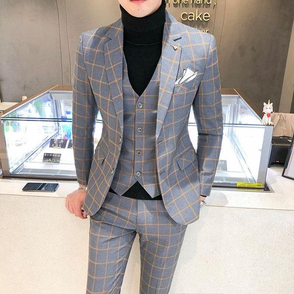 

men's suits & blazers men dress british 3piece wedding suit 2021 autumn mens business formal plaid luxury slim fit, White;black