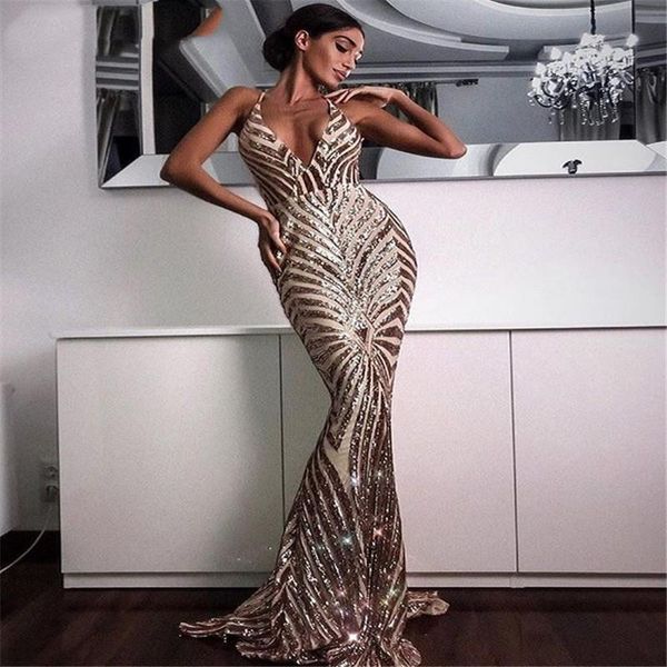

party dresses rose gold sequin backless prom mermaid long spaghetti straps black maxi women formal evening dress chea, White;black