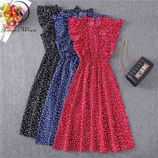 

women summer polka dot chiffon dress short sleeve party sweet slim a-line casual elastic waist elegant midi dresses robe femme 210701, Black;gray