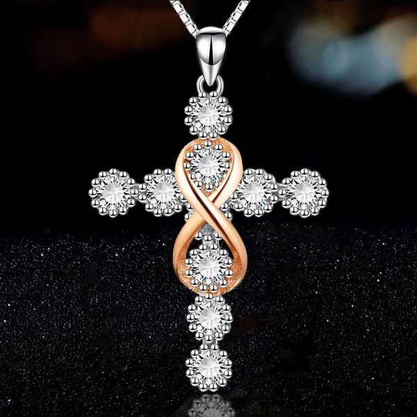 

pendant necklaces religious belief zircon crucifix necklace shine rhinestone rose gold jewerly infin cross women neckalc charm, Silver