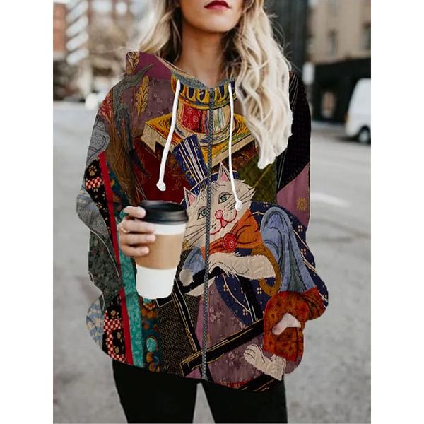 

random 3d printing zipper hoodied& sweatshirts jacket sports fall & winter regular coat loose active streetwear long sleeve print going out, Black